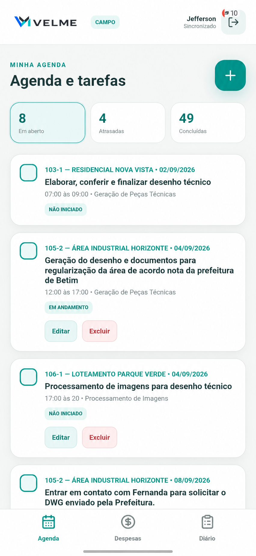 Agenda e tarefas no aplicativo móvel do Velme