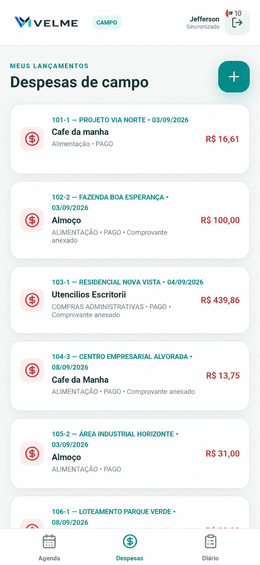 Lançamento de despesas de campo pelo aplicativo móvel do Velme