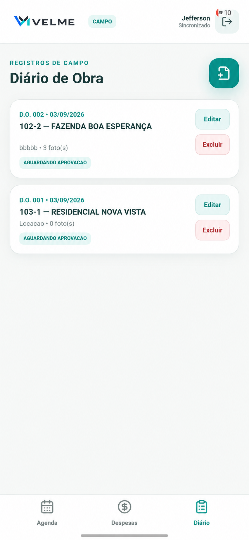 Diário de Obra no aplicativo móvel do Velme